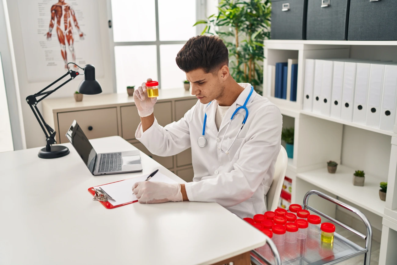 young-hispanic-man-wearing-doctor-uniform-analysing-urine-test-tube-clinic