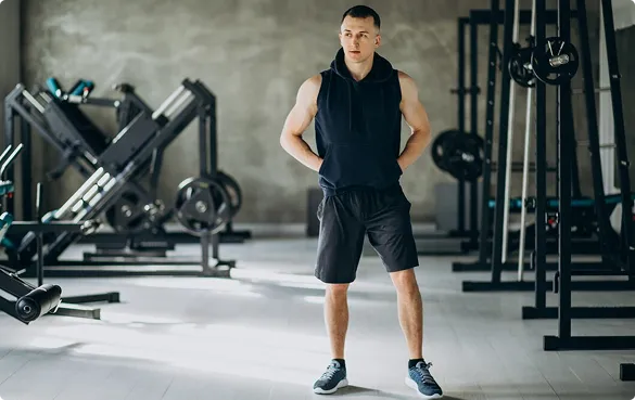 A man in a gym grips a barbell, demonstrating strength training in a fitness environment.