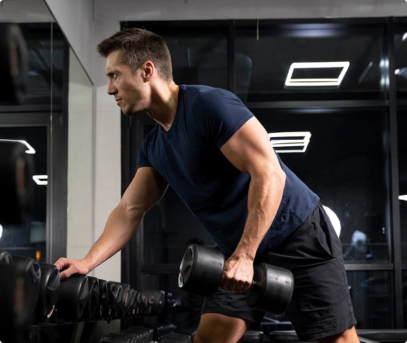 A man is lifting a dumbbell while exercising in a gym, focusing on strength training.