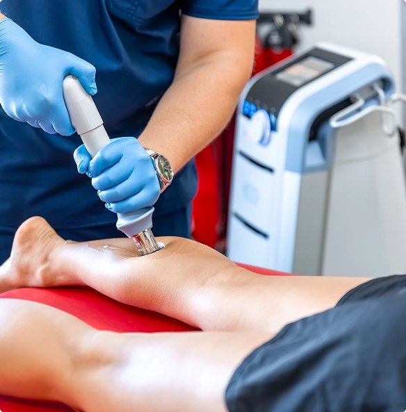 A person receiving an electric massage on their leg, relaxing in a comfortable setting. A person receiving an electric massage on their leg, relaxing in a comfortable setting.