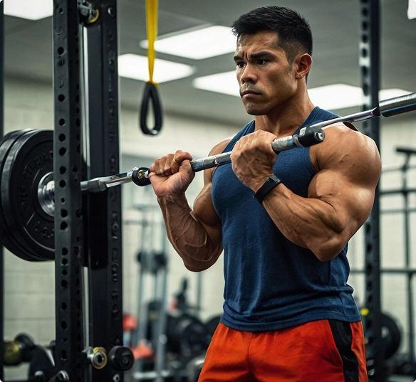 A muscular man in a sleeveless top performs an exercise with a barbell in a gym setting. The background shows various weightlifting equipment.