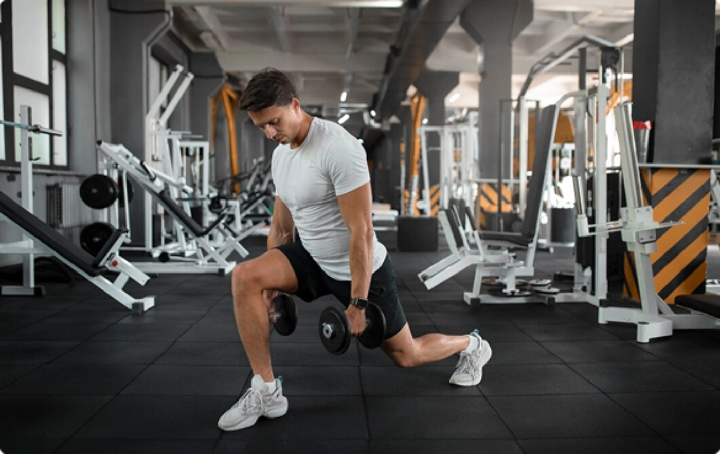 A man performing squats in a gym, focusing on his form and strength training.