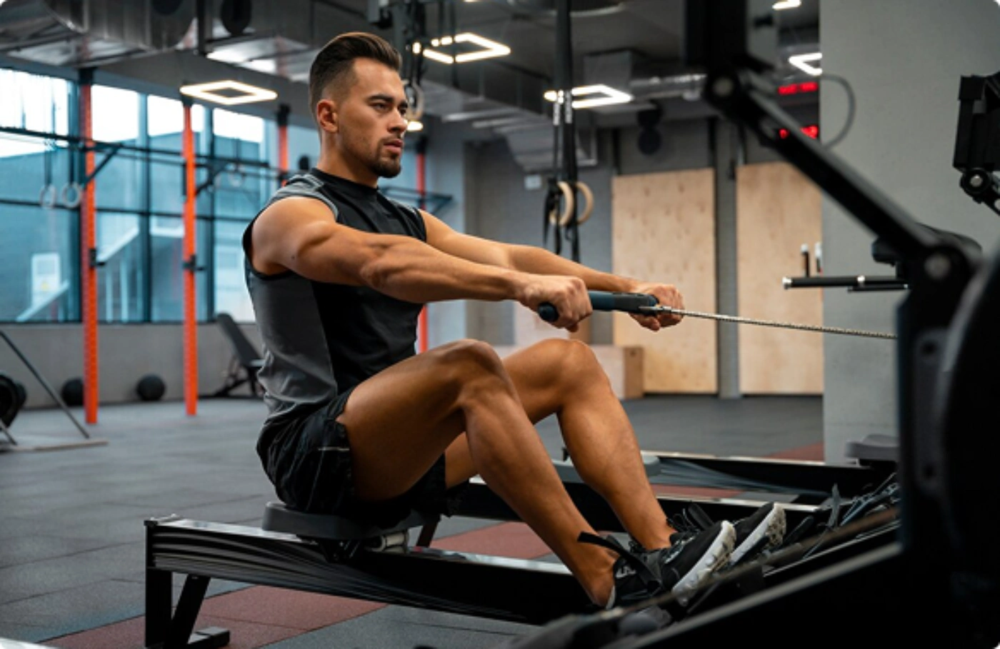 A man in athletic attire is using a rowing machine in a gym, holding the handles and pulling the cable while seated.